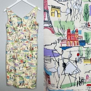 David Meister Cream Paris Print Vintage USA Sheath Dress Lined Size 6